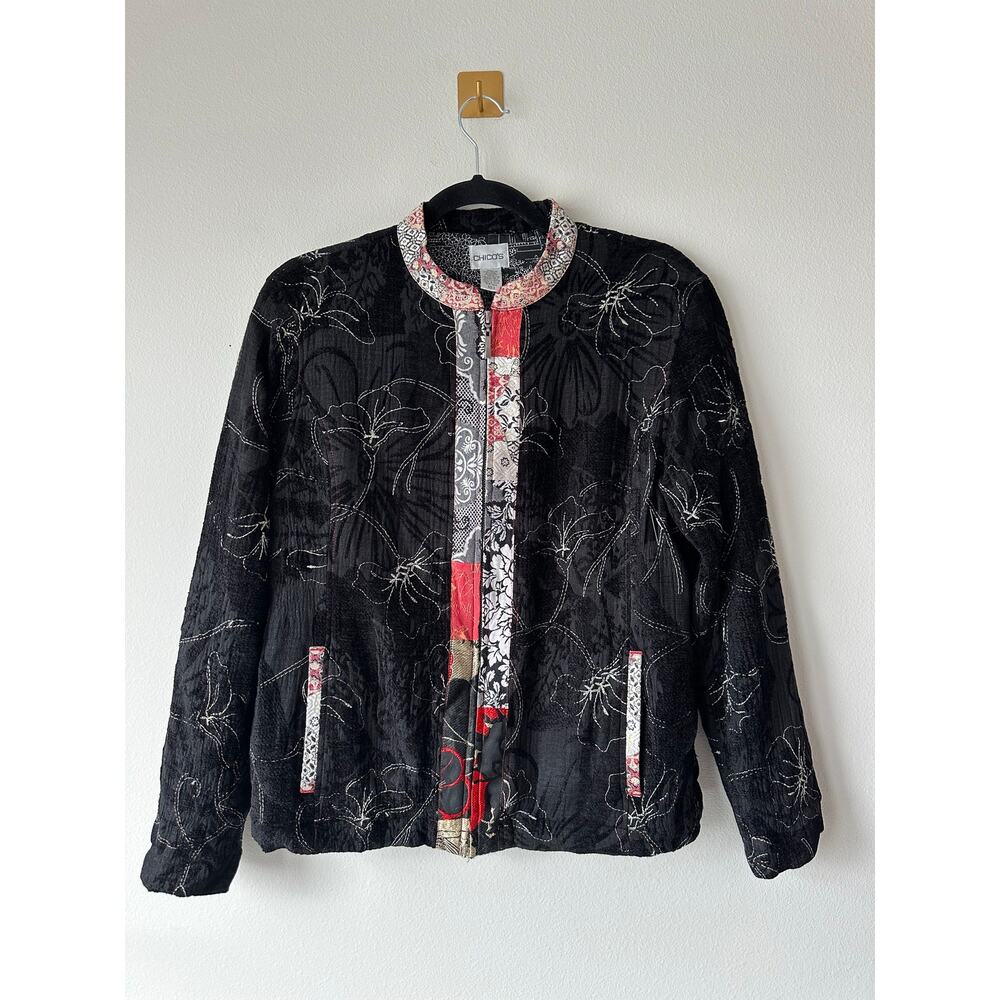 Vintage Embroidered Silk Linen Jacket Black Floral Tapestry Zip Front Artsy Sz M